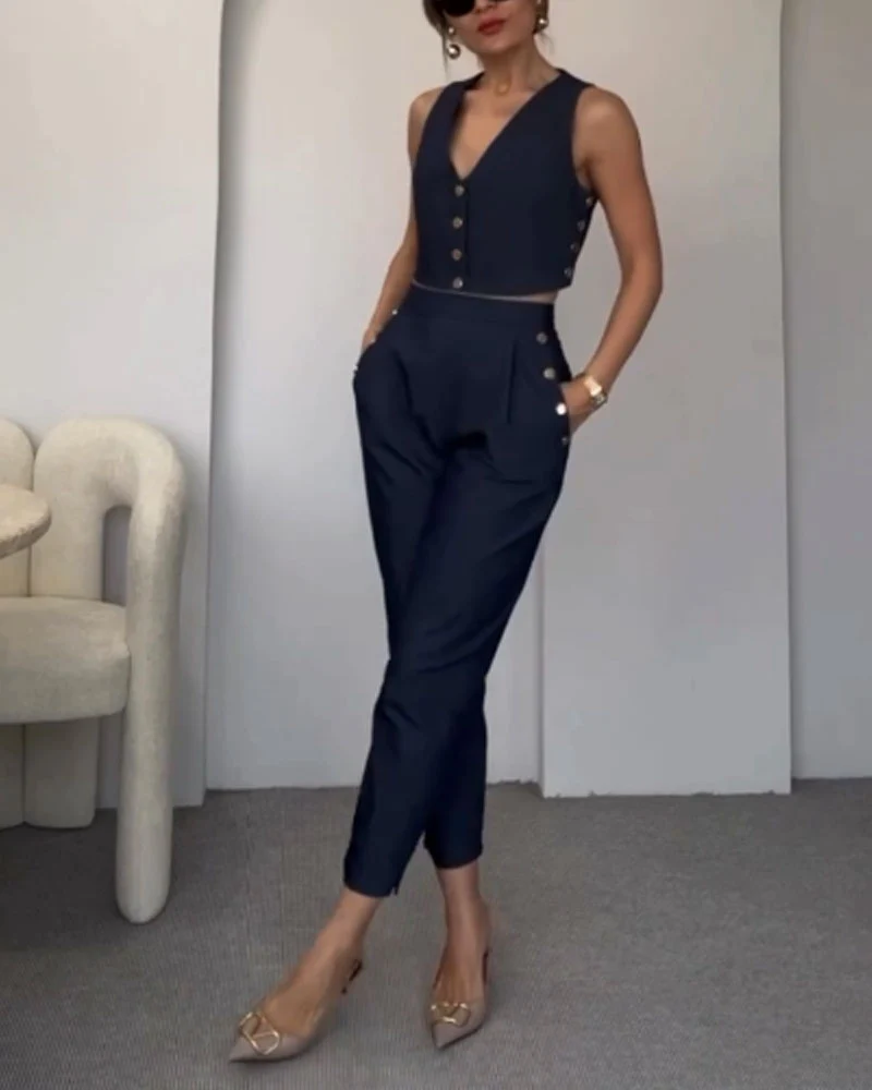 Women's set | Button Crop Top & High Waisted Pants