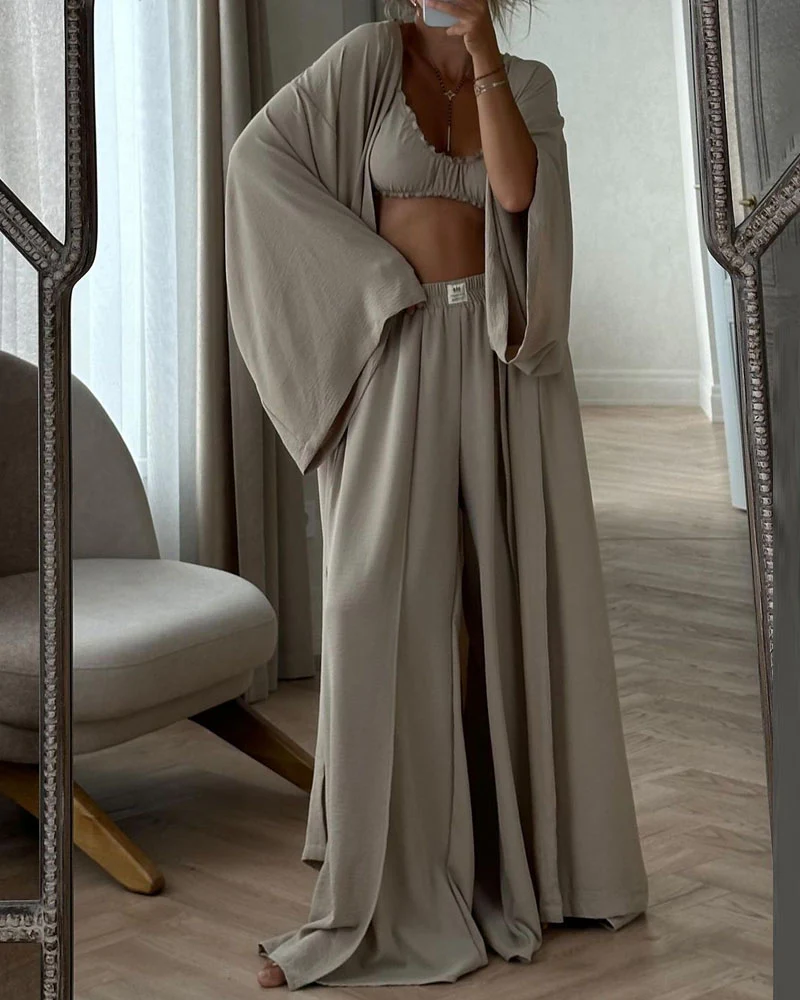 Ensemble 3 Pièces Décontracté | Coton | Kimono, Pantalon Large et Top Bandeau – Image 2