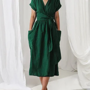 Robe Portefeuille en Lin | Manches Courtes | Élégance Décontractée