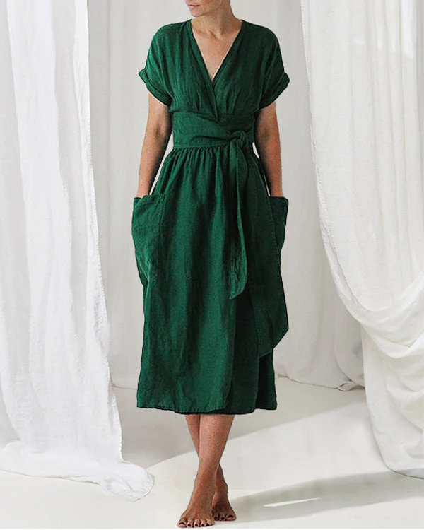 Robe Portefeuille en Lin | Manches Courtes | Élégance Décontractée