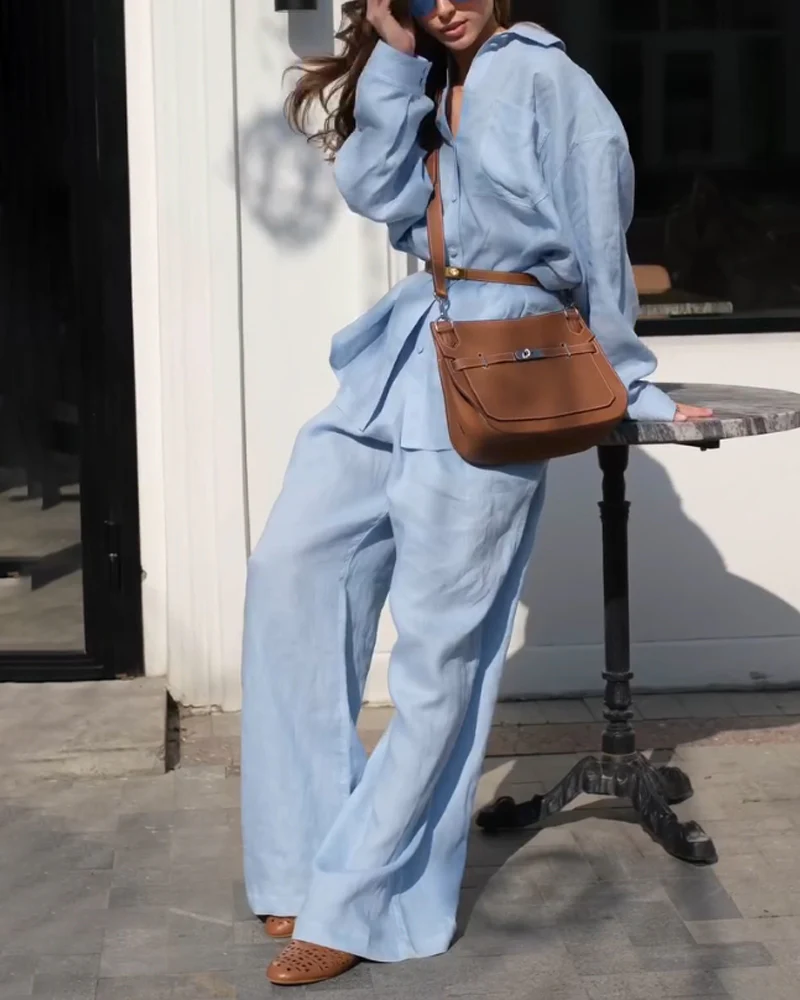 Ensemble Bleu Ciel en Lin | Chemise Ample & Pantalon Large | Élégance Décontractée – Image 4