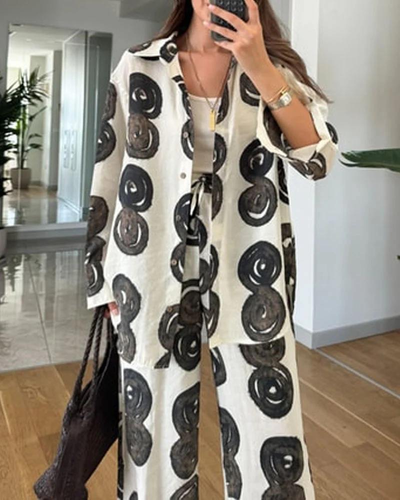 Ensemble Lin Imprimé | Chemise & Pantalon Large | Artistique & Aéré – Image 4