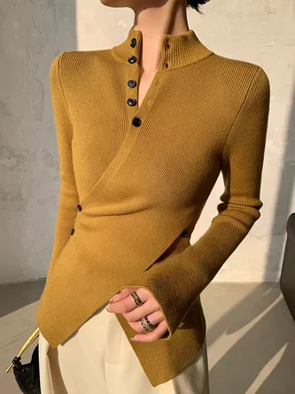 Noa - Pull Asymétrique Boutonné | Maille Côtelée | Élégant & Moderne