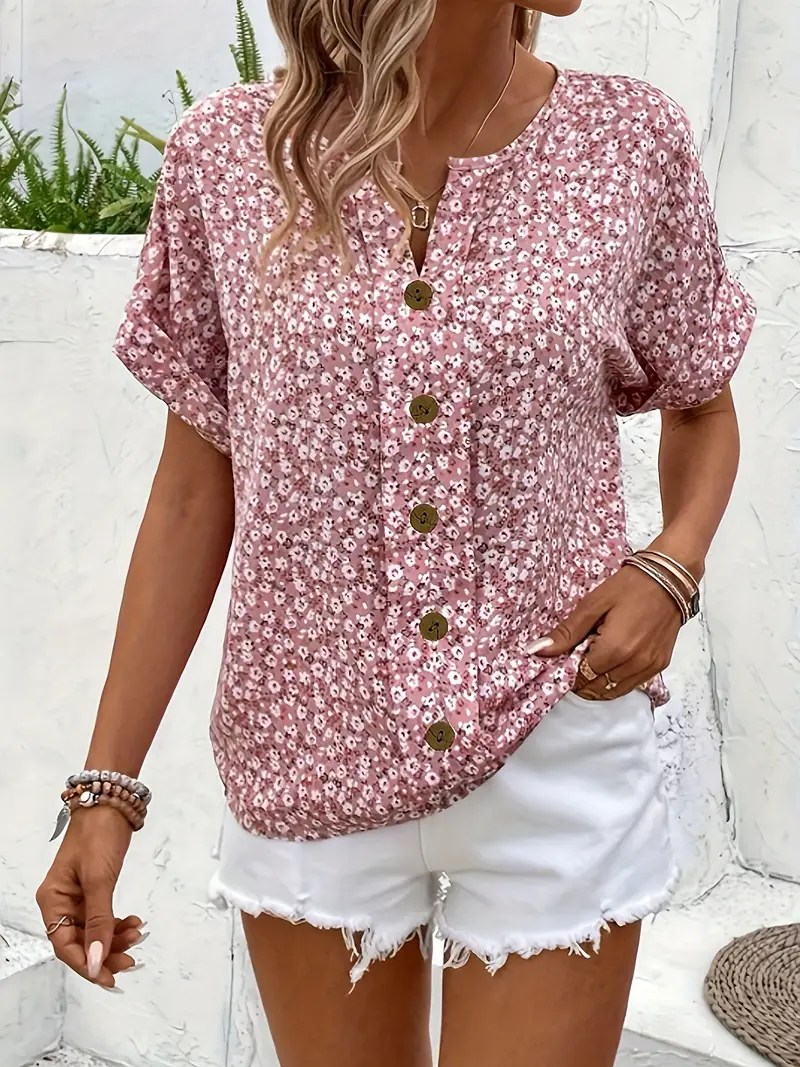 Blouse Fleurie | Rose Boutonnée | Légère et Décontractée – Image 4