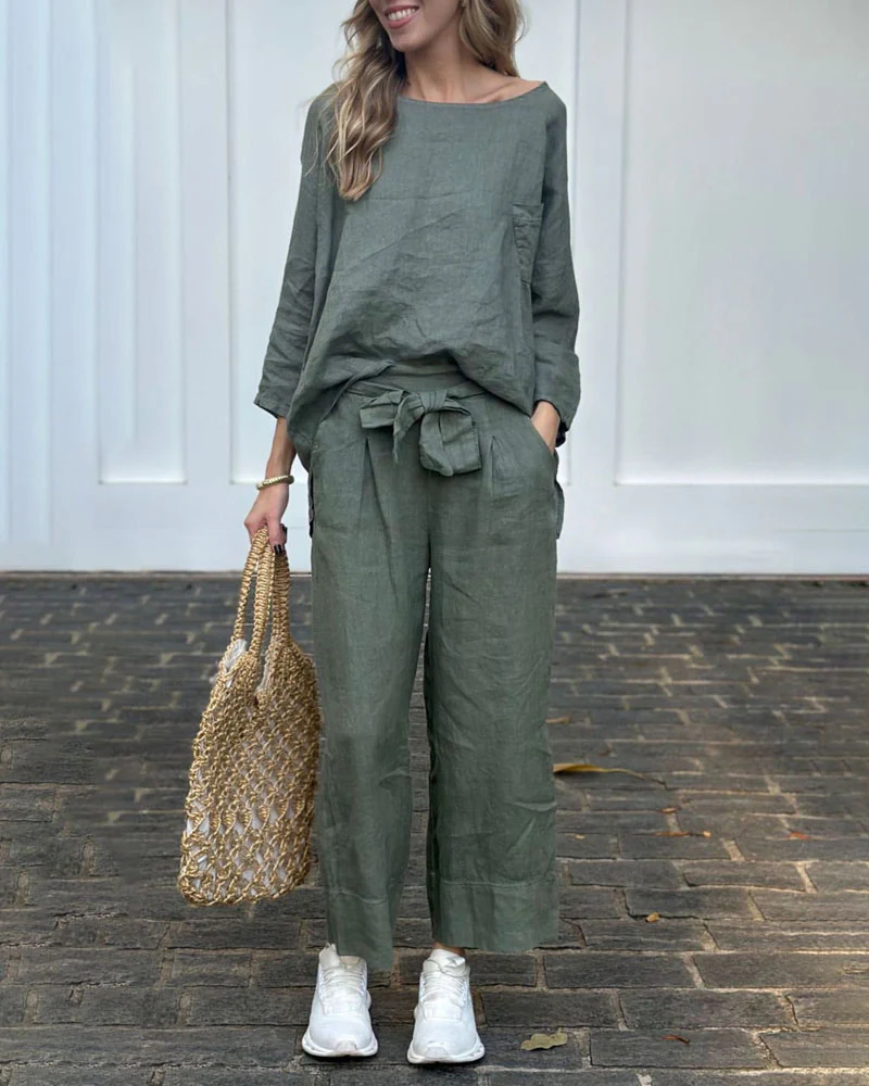 Ensemble Lin Décontracté | Haut Jaune & Pantalon Beige | Léger & Naturel – Image 4