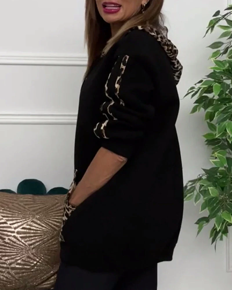 Sweat à Capuche Noir et Léopard | Style Décontracté et Détail Audacieux – Image 3