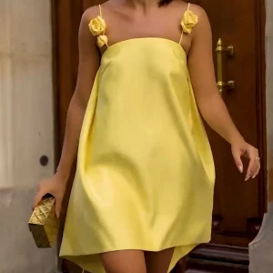 Robe Trapèze Jaune | Coton Naturel | Bretelles Fleuries et Légèreté