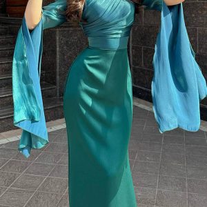 Draped Long Dress with Fluid Sleeves | Evening Elegance