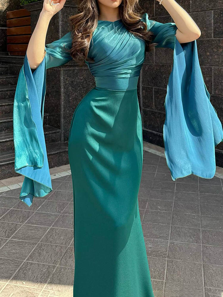 Draped Long Dress with Fluid Sleeves | Evening Elegance – Image 2
