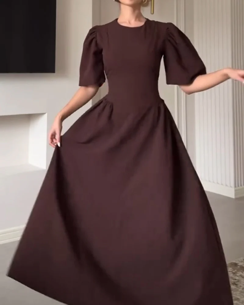 Robe Longue Chocolat | Manches Bouffantes & Jupe Évasée | 100% Coton – Image 7