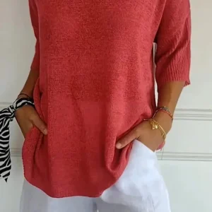 Fine casual sweater | Cotton | V-neck & Half-length sleeves