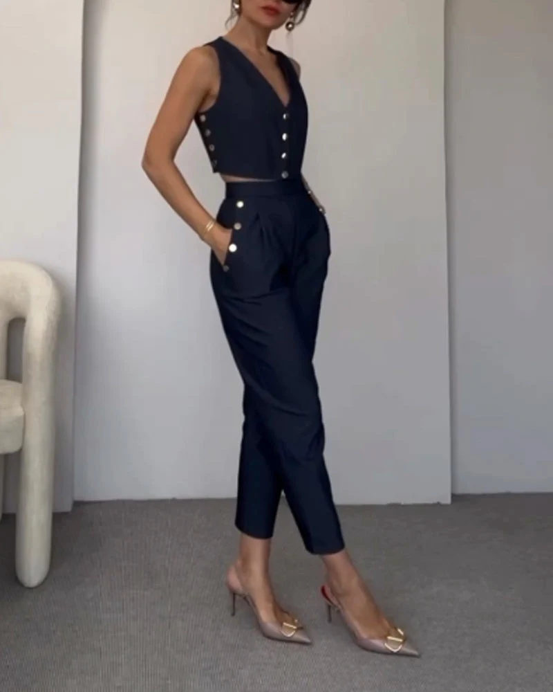 Women's set | Button Crop Top & High Waisted Pants – Image 3