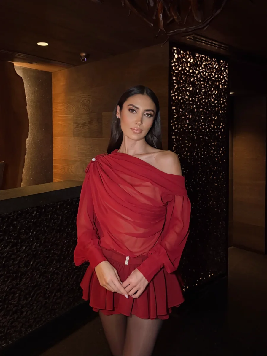 Sheer Drape & Pleated Skirt Set | Sculptural Elegance – Image 2