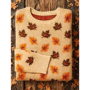 Pull Automnal en Maille | Motif Feuilles d'Érable | Chaleur & Style
