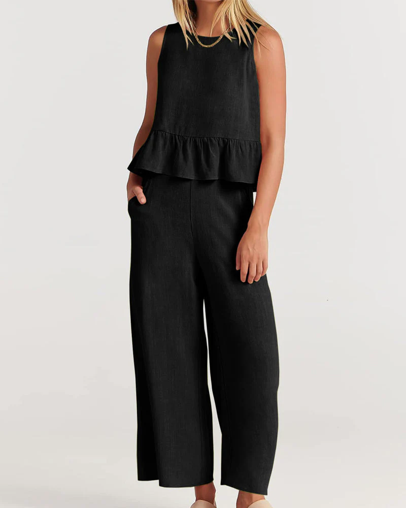 Ensemble Blanc Lin | Haut à Basque & Pantalon Large | Léger et Élégant – Image 5