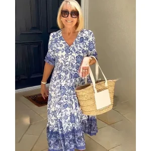 Blue Floral Print Summer Maxi Dress | Holiday Elegance