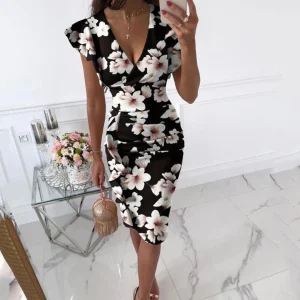 Robe Fleuri Col en V Ajusté Pour Femme | Midi