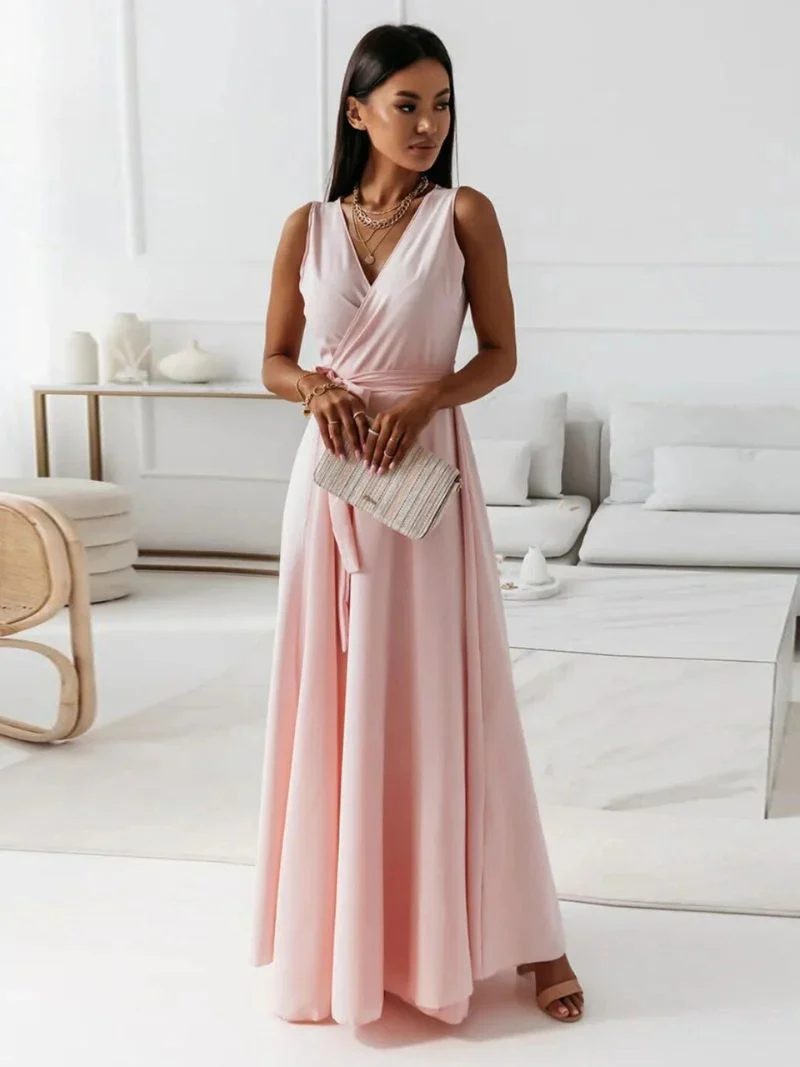 Robe d'invitée de Mariage Col en V Sans Manches Pour Femme | Maxi