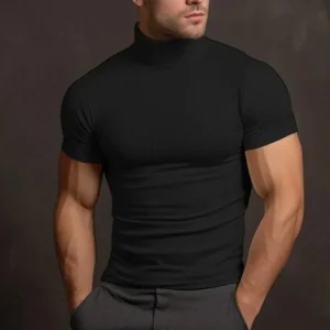 Col Roulé Noir à Manches Courtes | Coton Élastique | Style Moderne