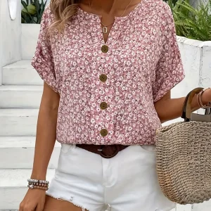 Blouse Fleurie | Rose Boutonnée | Légère et Décontractée