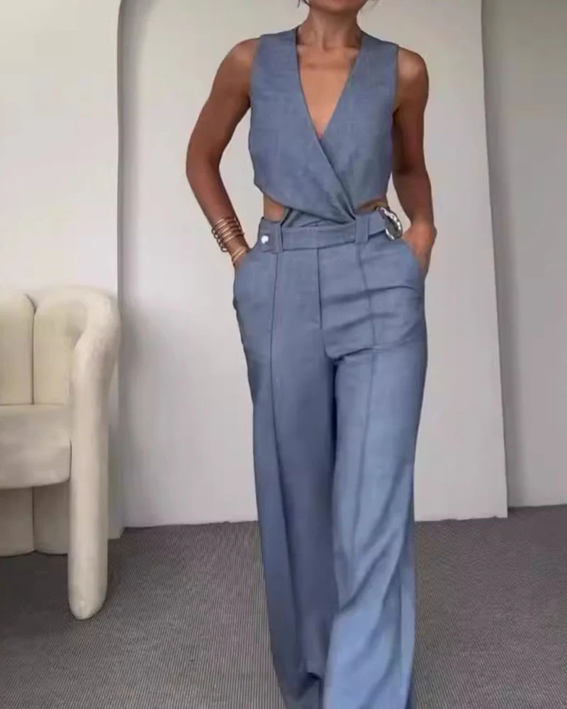 Women's Suit Set | Double Breasted Top & Wide Leg Pants | Ring Detail – Image 4