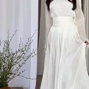 Sophie | Robe Longue Élégante | Manches Bouffantes & Ceinture Cintrée | Tissu Fluide