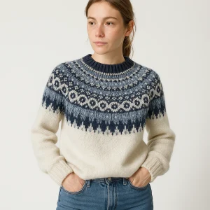 Pull Jacquard Écru & Bleu | Inspiration Nordique | Chaleur & Style Hivernal