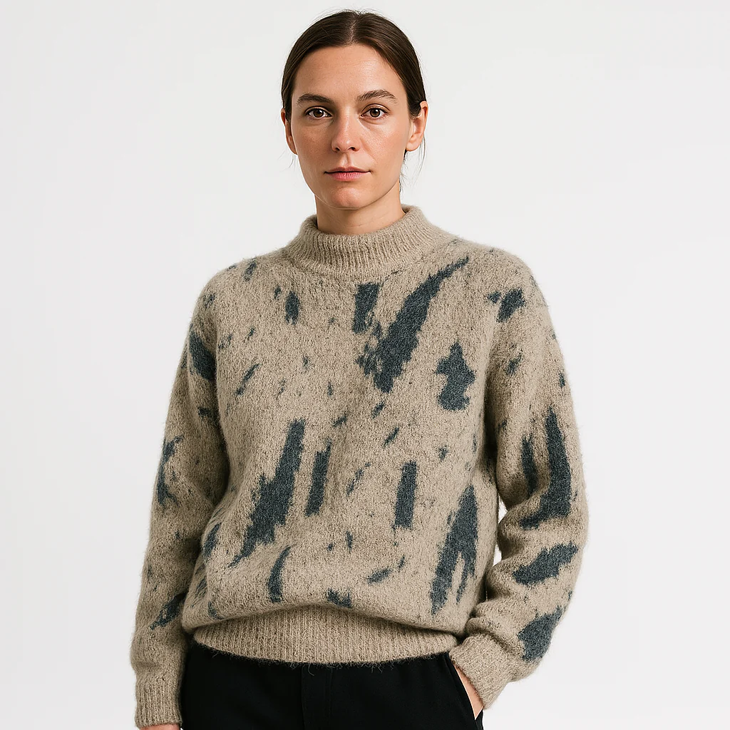 Pull Duveteux Femme | Imprimé Noir Abstrait | Col Montant et Confort Hivernal – Image 6