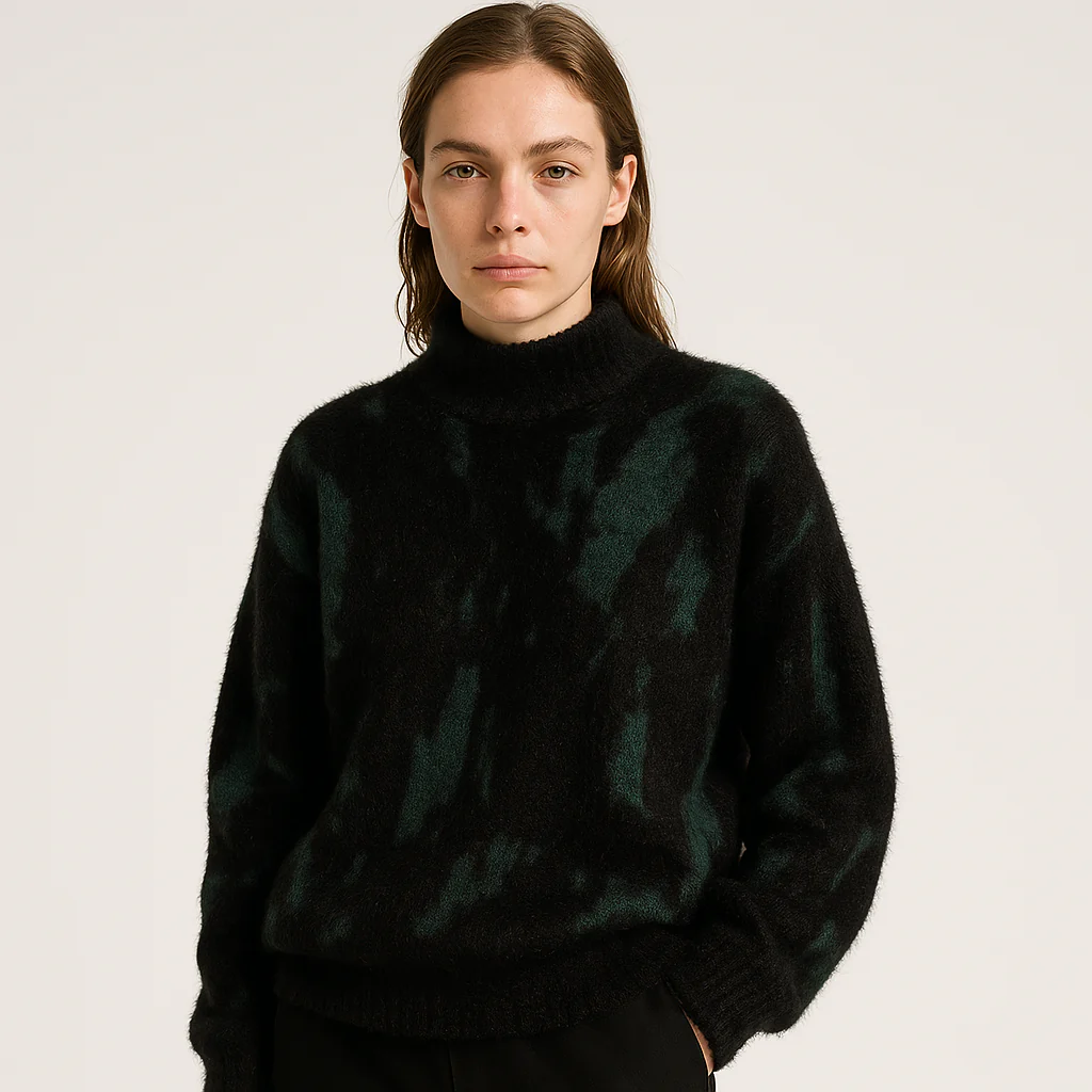 Pull Duveteux Femme | Imprimé Noir Abstrait | Col Montant et Confort Hivernal – Image 9