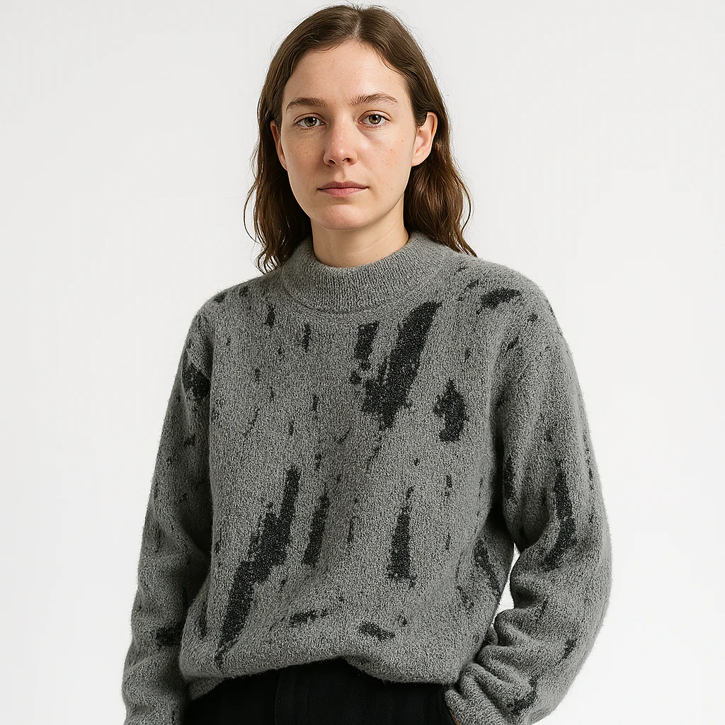 Pull Duveteux Femme | Imprimé Noir Abstrait | Col Montant et Confort Hivernal – Image 4