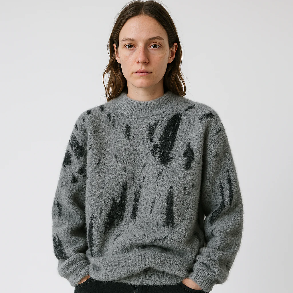 Pull Duveteux Femme | Imprimé Noir Abstrait | Col Montant et Confort Hivernal – Image 5