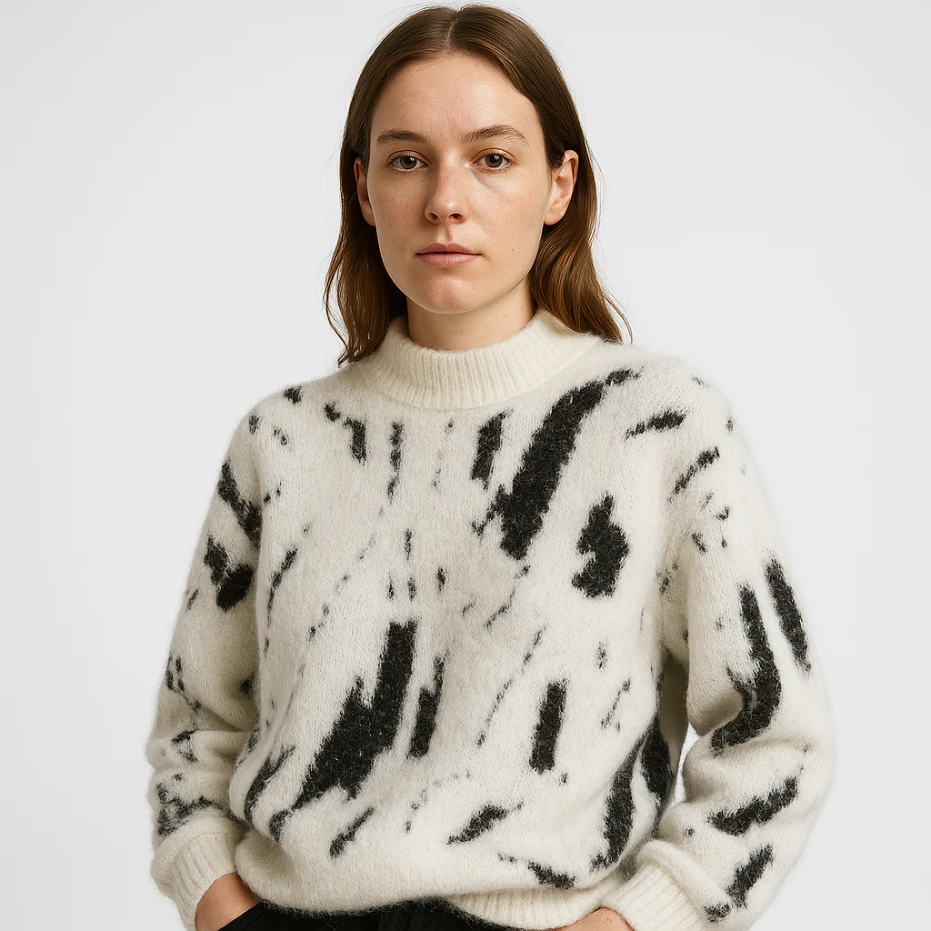 Pull Duveteux Femme | Imprimé Noir Abstrait | Col Montant et Confort Hivernal – Image 2