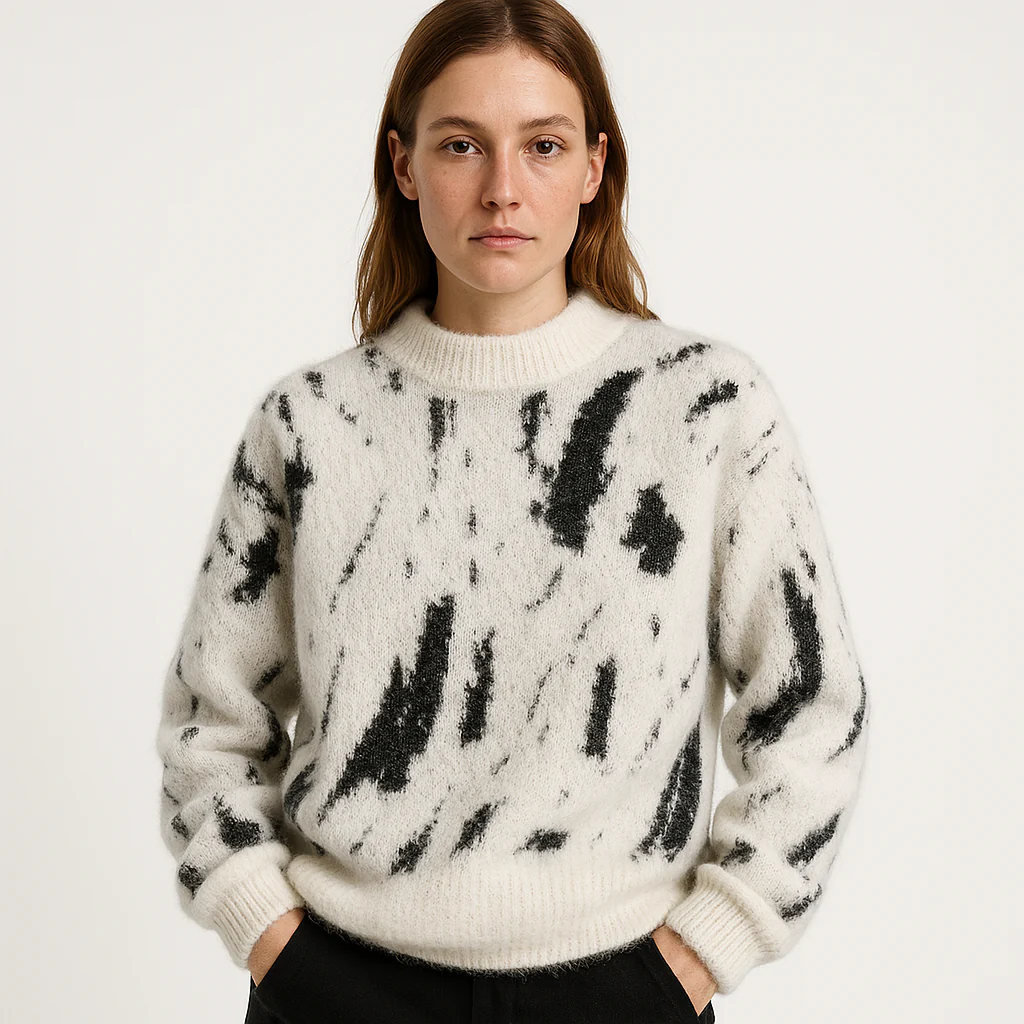 Pull Duveteux Femme | Imprimé Noir Abstrait | Col Montant et Confort Hivernal – Image 3