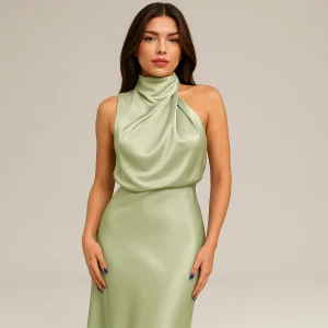 Robe Satinée Vert Sauge | Col Drapé Élégant | Parfaite pour Soirée ou Cérémonie