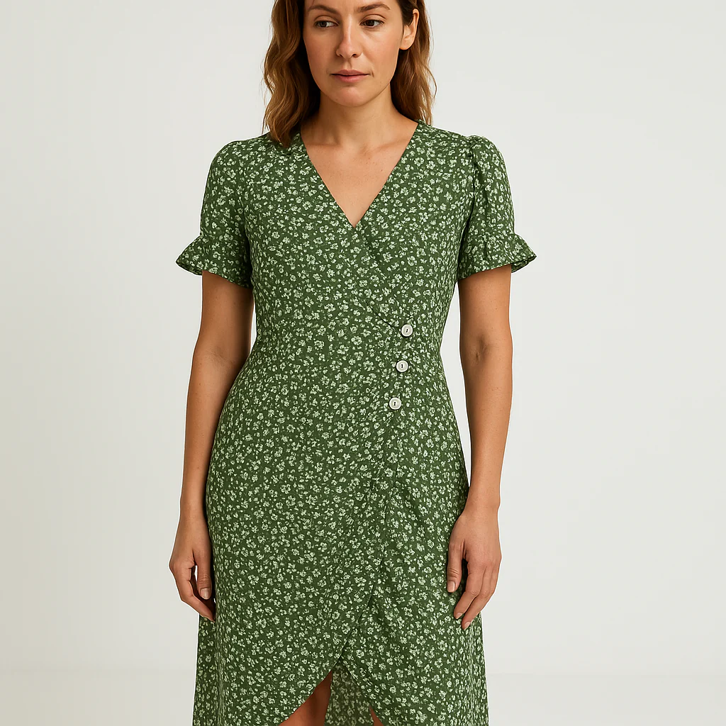 Robe Portefeuille Verte à Fleurs | Féminine & Légère | Style Printanier – Image 3