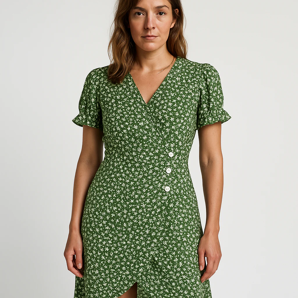 Robe Portefeuille Verte à Fleurs | Féminine & Légère | Style Printanier – Image 2