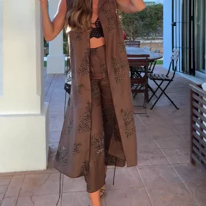 Ensemble Brodé Chic | Gilet Long & Pantalon | Élégant & Original