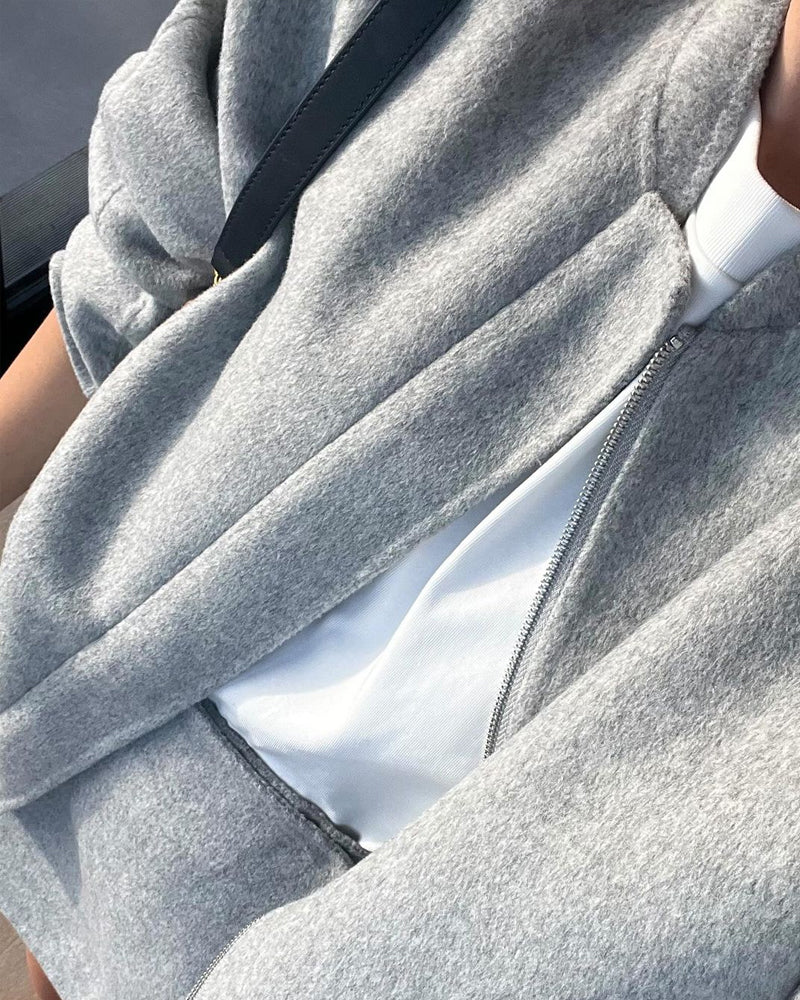 Ensemble Court Gris Clair | Veste Zippée & Short Taille Haute | 100% Coton – Image 6