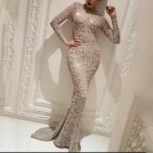 Robe de Soirée | Brodée | Élégante à Manches Longues