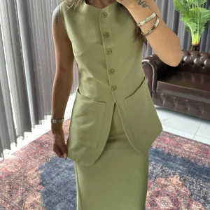 Ensemble Blanc Élégant | Lin | Veste Sans Manches & Jupe Midi