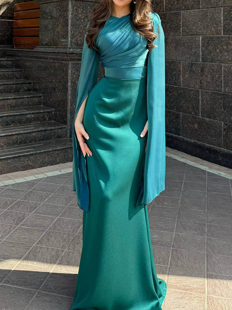 Draped Long Dress with Fluid Sleeves | Evening Elegance – Image 3
