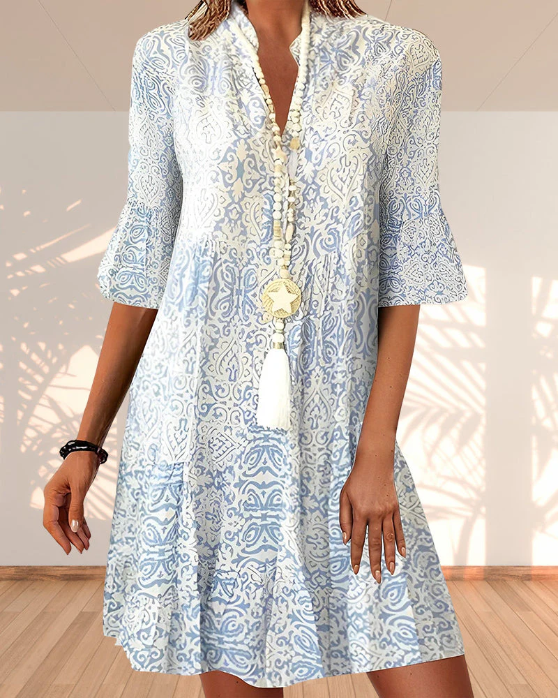 Bohemian Short Dress | Cotton | Light Blue and White