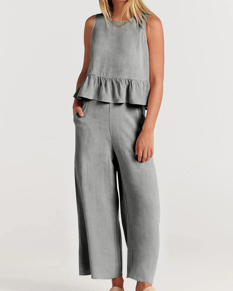 Ensemble Blanc Lin | Haut à Basque & Pantalon Large | Léger et Élégant – Image 3