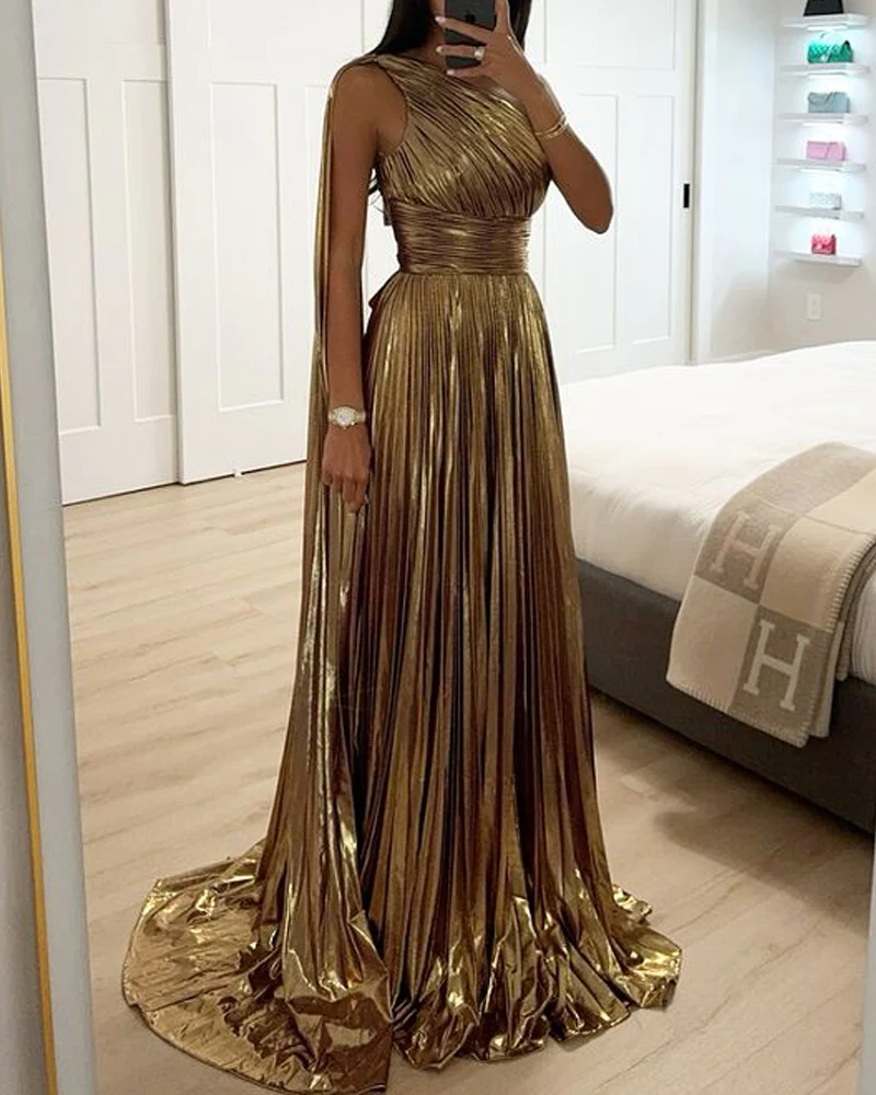 Golden Pleated Maxi Dress | Viscose | Elegant Drapé & Gala Shine – Image 3
