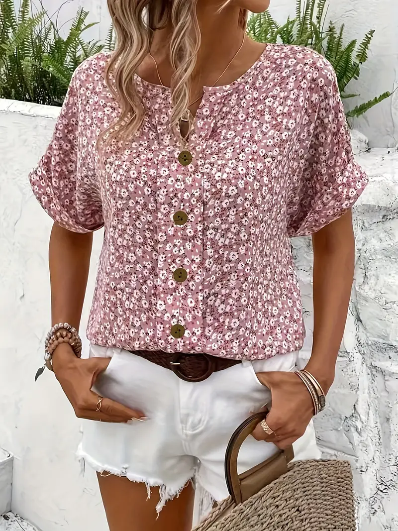 Blouse Fleurie | Rose Boutonnée | Légère et Décontractée – Image 5