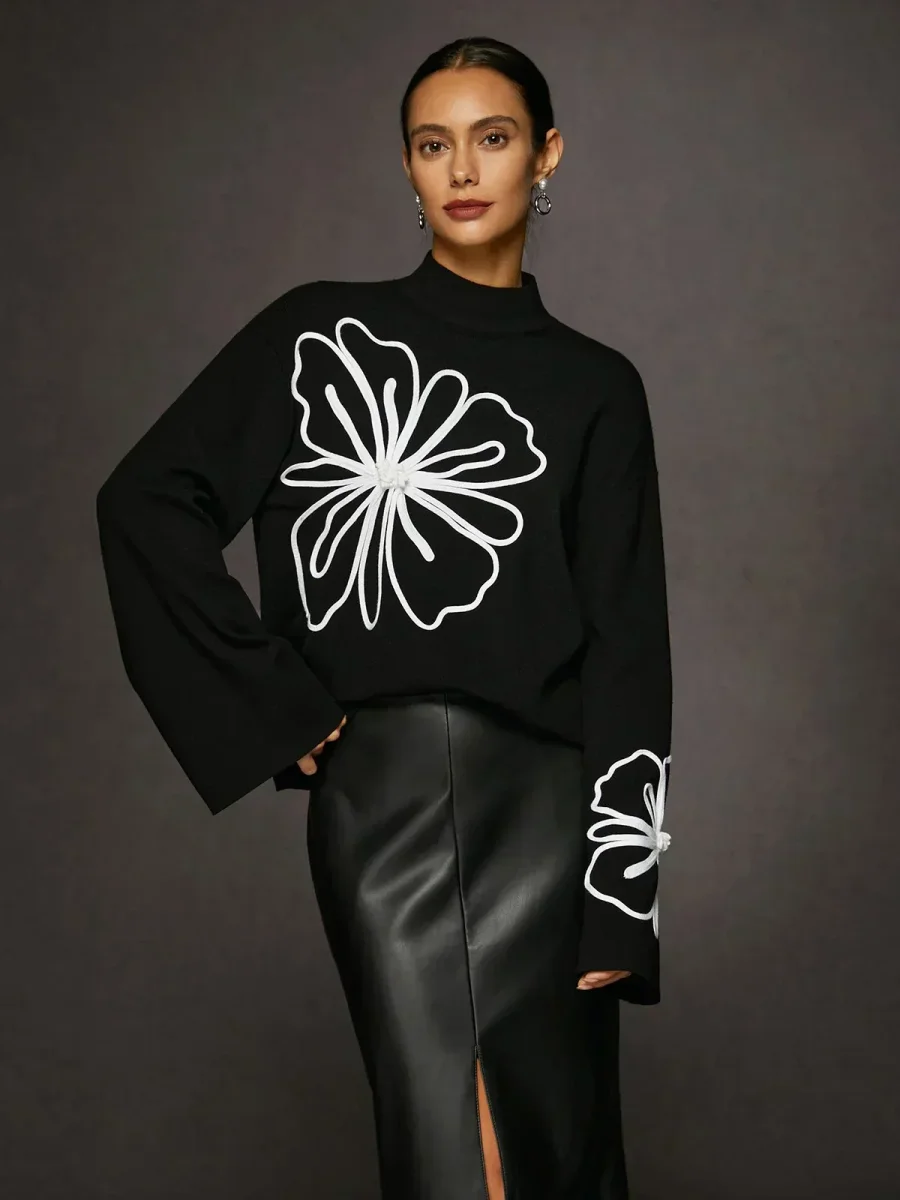Graphic Floral Sweater | Black & White | Elegant and Contemporary