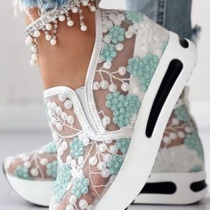 Baskets Plateforme Dentelle Fleurie | Élégance Romantique et Confort Moderne