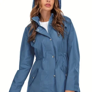 Parka Imperméable Femme | Bleu Acier | Capuche & Taille Ajustable