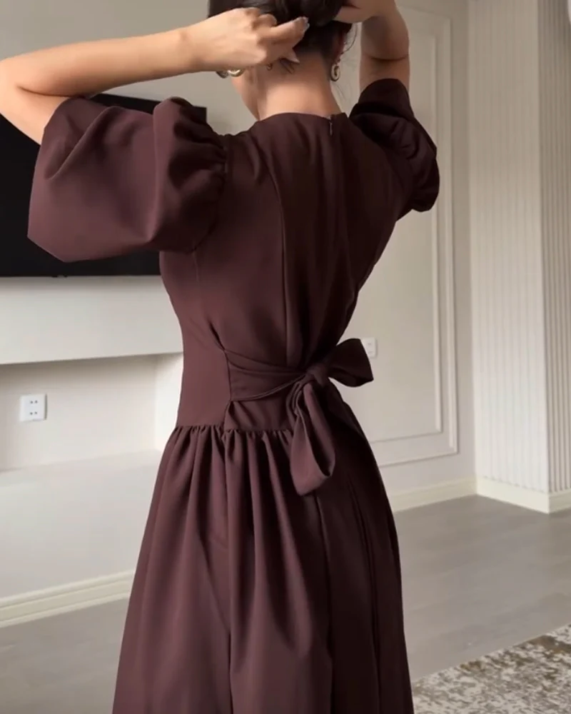 Robe Longue Chocolat | Manches Bouffantes & Jupe Évasée | 100% Coton – Image 6