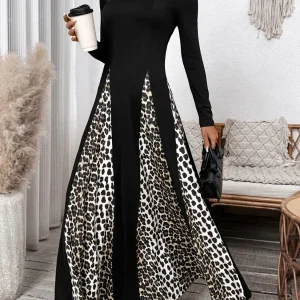 Two-tone long dress | Leopard print | Square neckline
